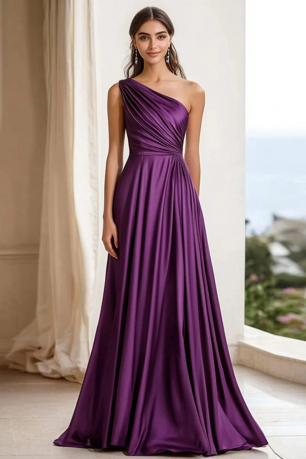 Elegant Plum One Shoulder Long Satin Ruched Full Of Charm Evening Dresses